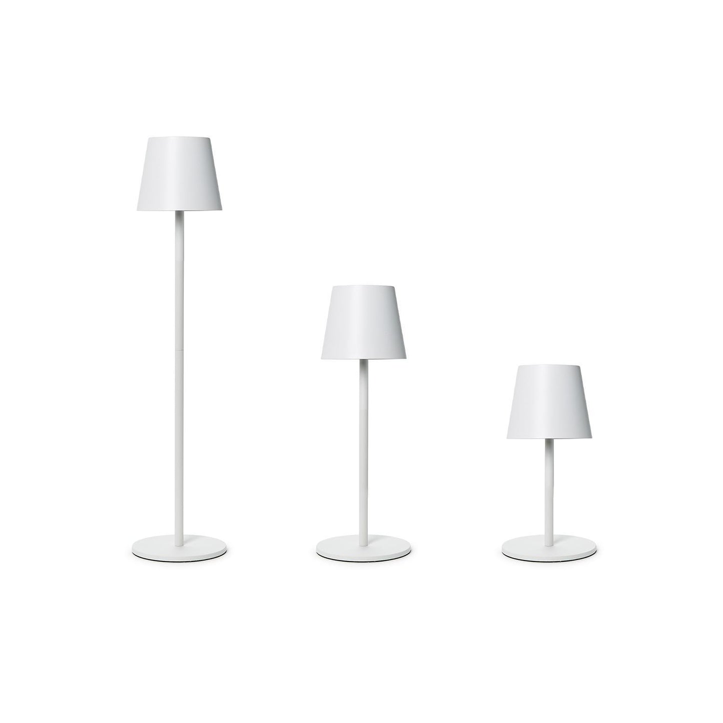 **Three LED Cordless Table Lamps**
- Adjustable heights
- Touch button functionality
- Cylindrical bases with white shades
- Sizes: Tall, Medium, Short