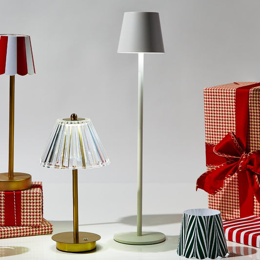 White floor lamp and LED Cordless Table Lamp with pleated shade and touch button functionality. Sizes available: N/A.