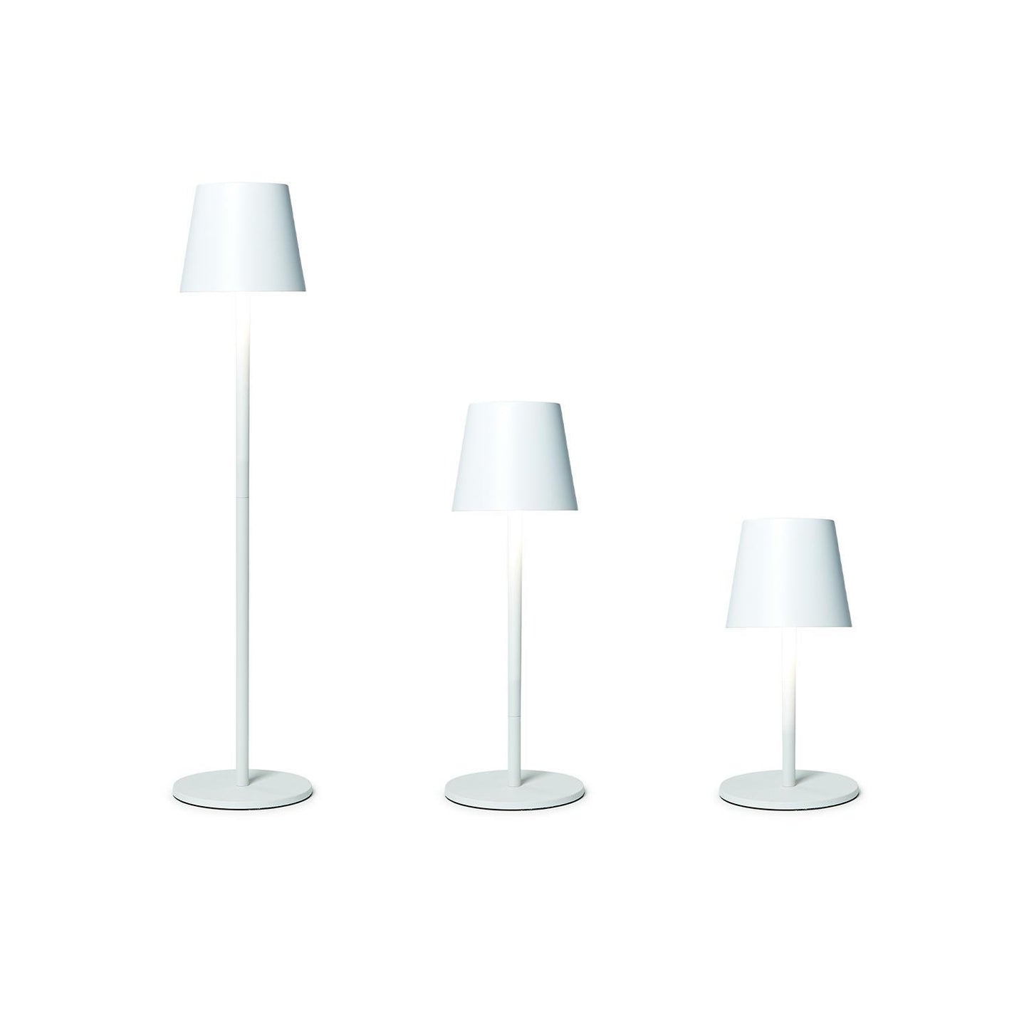 LED Cordless Table Lamp. Adjustable to 3 heights: floor, table, and bedside. Touch button functionality. Rechargeable battery.