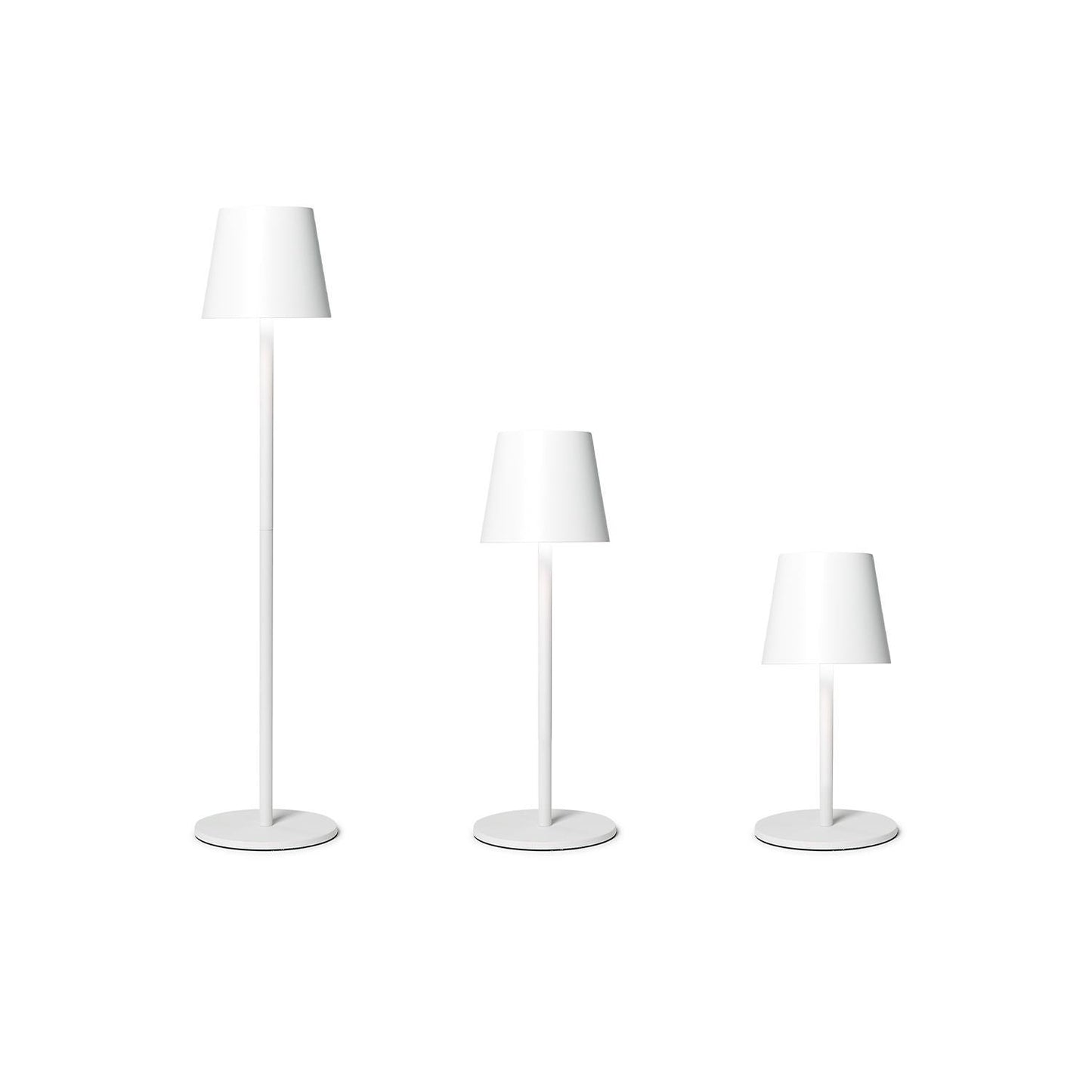 Three white modern LED cordless table lamps with adjustable heights: floor lamp, table lamp, and small desk lamp. They feature simple round bases, conical lampshades, touch button functionality, and customizable LED settings.