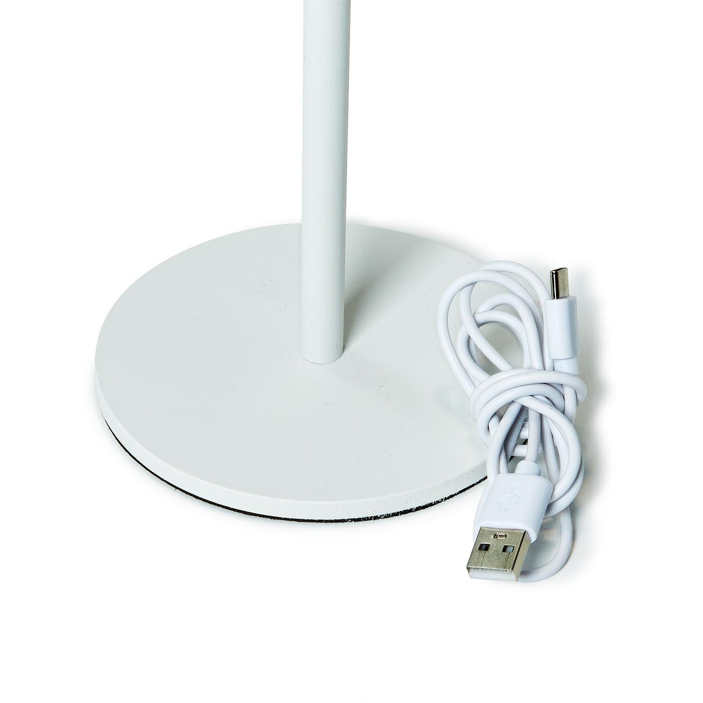 LED Cordless Table Lamp, adjustable to 3 heights, minimalist design. Features touch button functionality and includes a USB charging cable (USB-A and micro-USB). Sizes: Adjustable heights - 12 in, 15 in, 18 in.