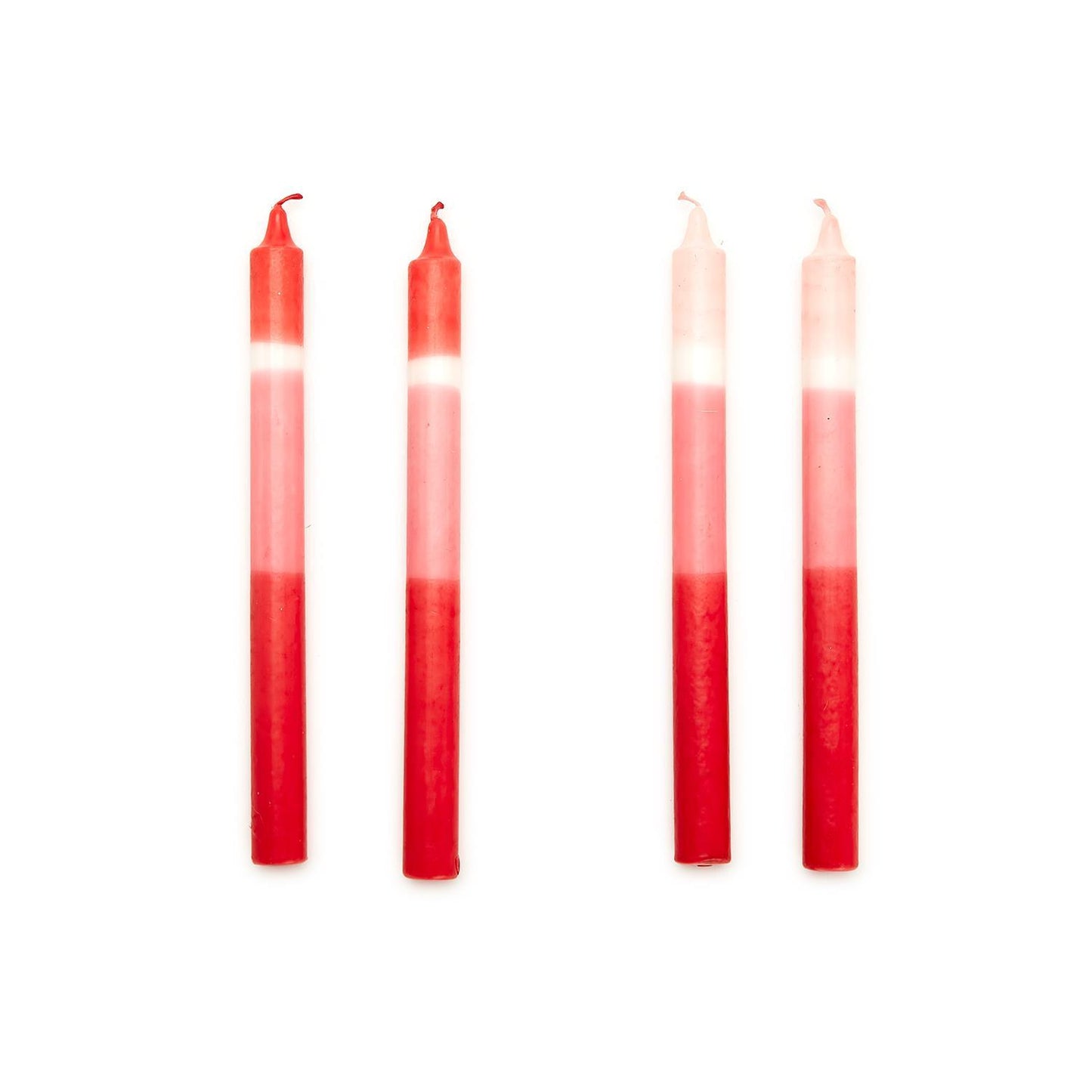 Red and white ombre taper candles with gently faded color, slightly uneven wicks. Available in 8" and 12" sizes.