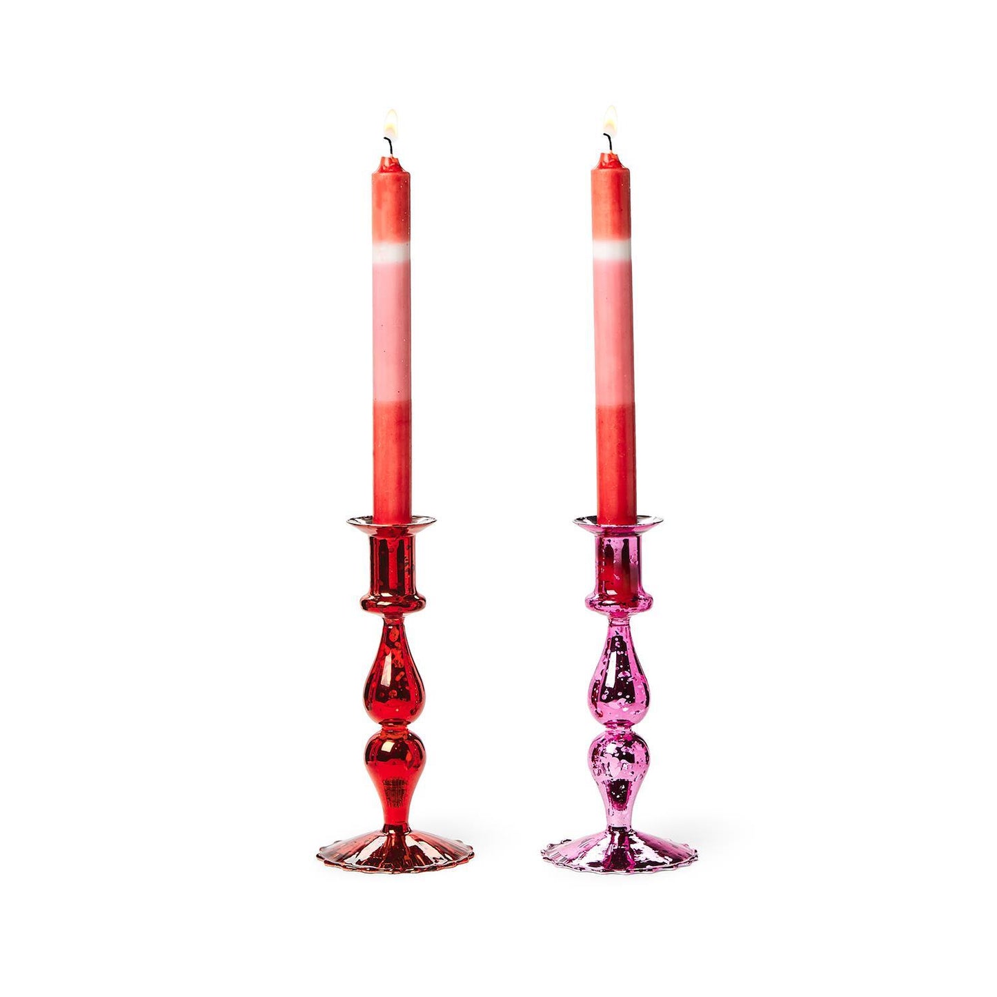 Two Color Block Taper Candles in vivid red and pink. Available sizes: 10" and 12".