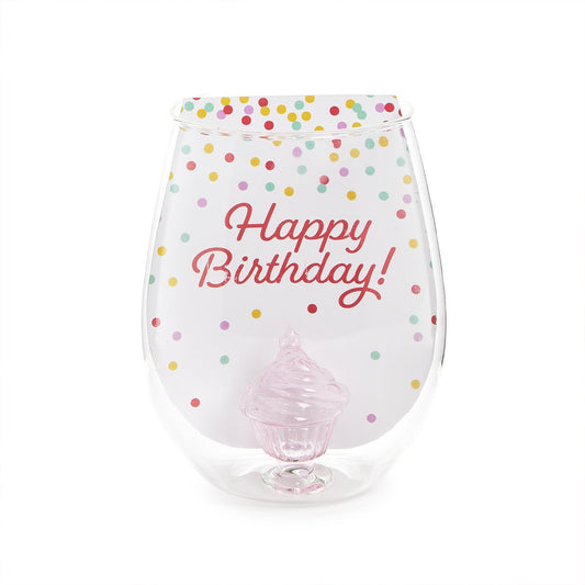 The Celebration Cake Stemless Wine Glass features a clear design with multicolored polka dots and "Happy Birthday!" in red script. A pink, cake-shaped decoration at the bottom adds charm to this 20 oz. capacity wine glass.