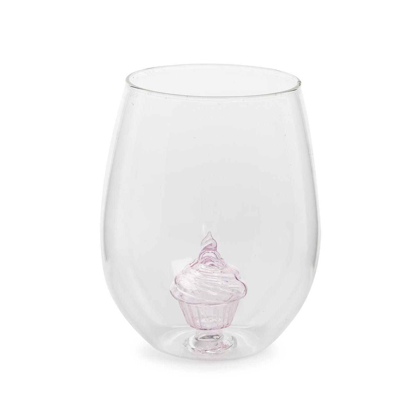 Celebration Cake Stemless Wine Glass: Clear, rounded design featuring a decorative pink cupcake with frosting at the bottom. 20 oz. capacity, made from durable glass.