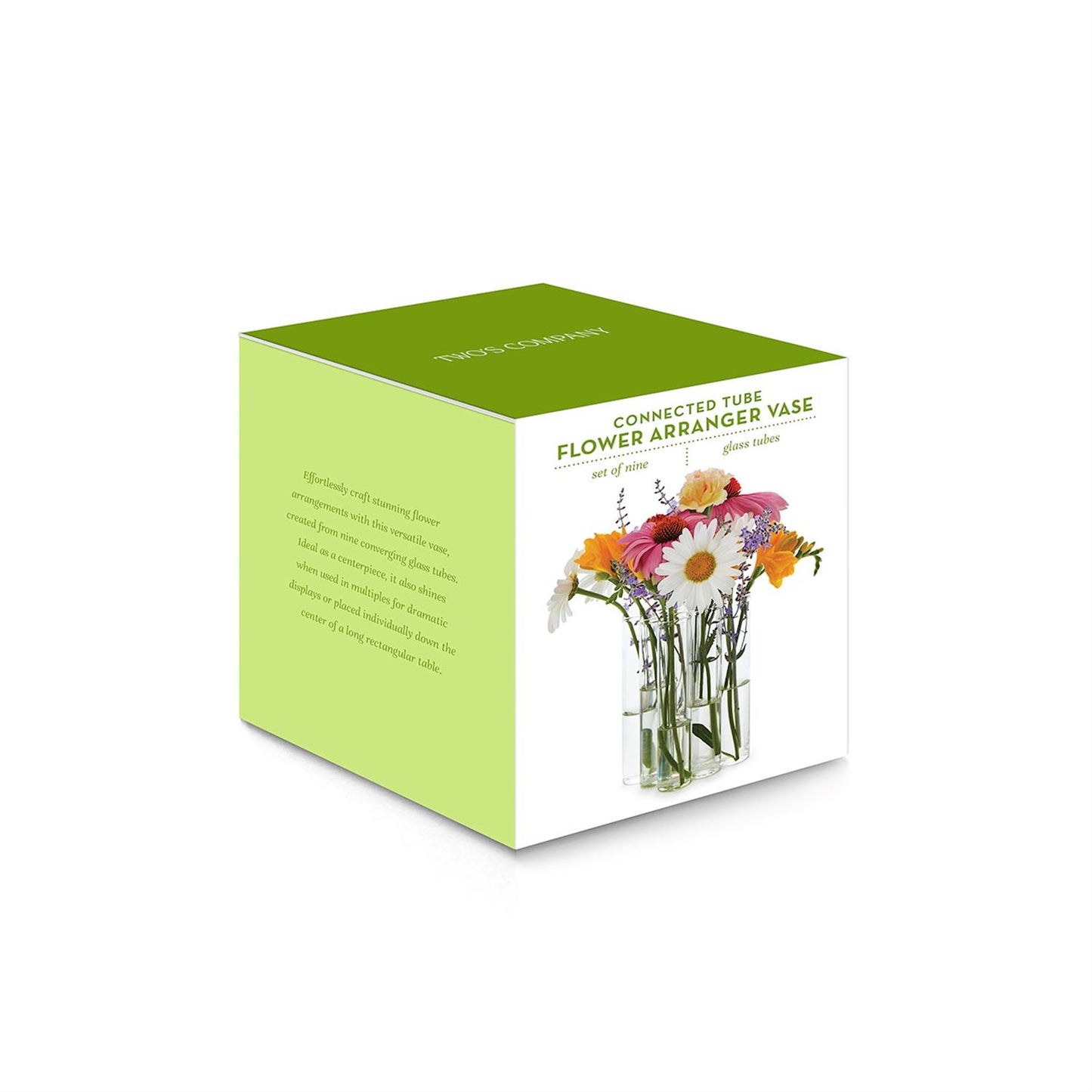 Set of 9 Connected Tube Flower Vase/Arranger, available in one size. Features clear glass tubes for vibrant floral arrangements, packaged in a green and white gift box.