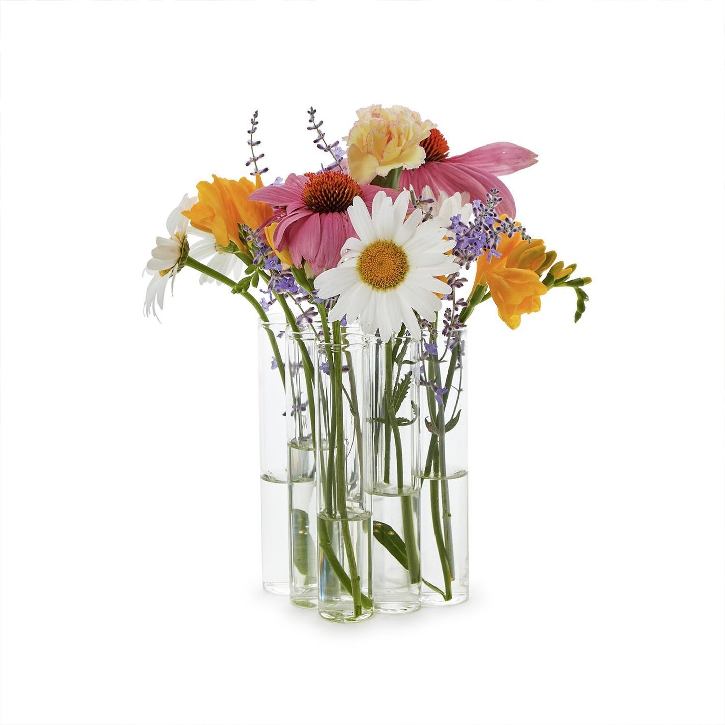 A floral arrangement with assorted daisies, lilies, and lavender in a Set of 9 Connected Tube Flower Vase/Arranger.
