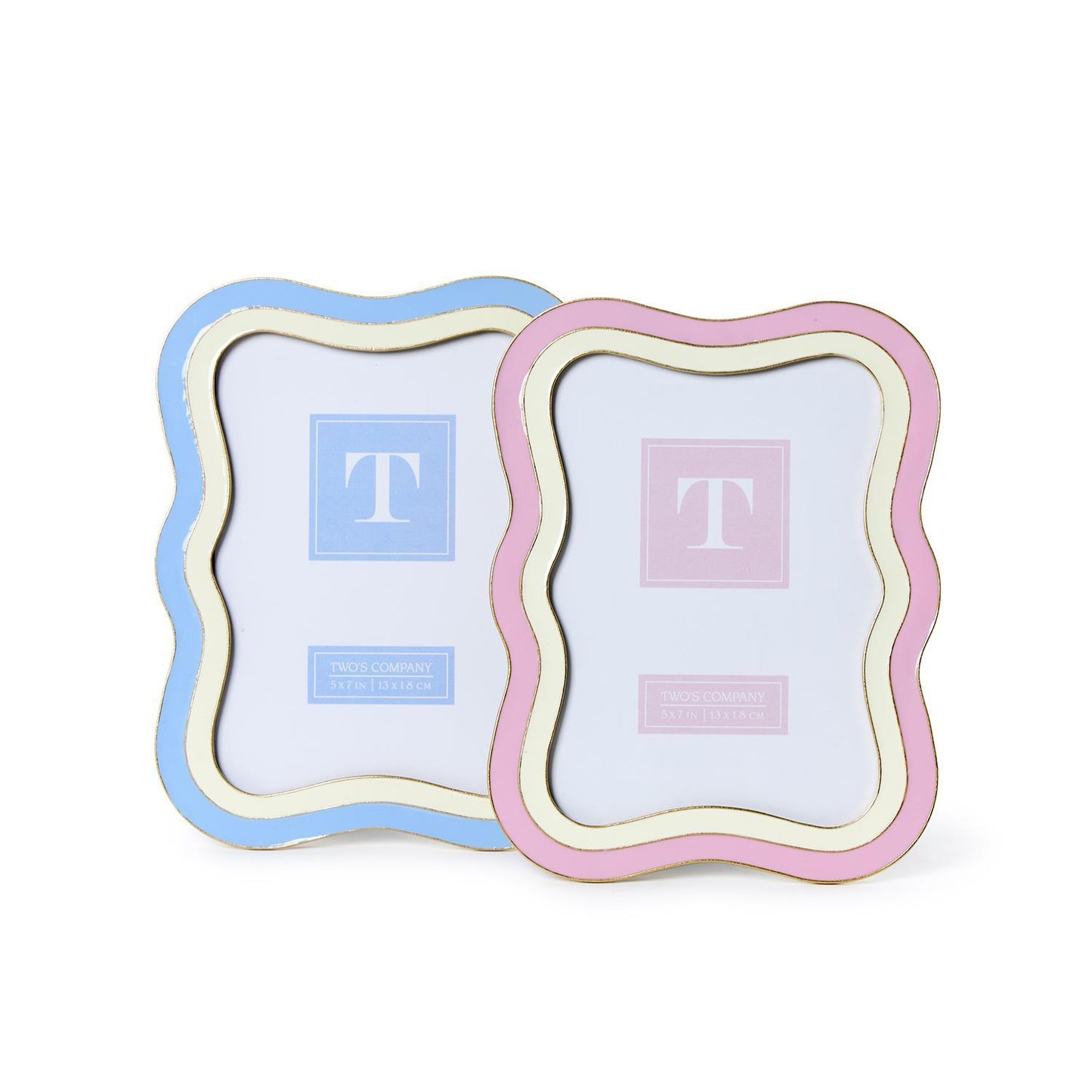 Two-tone Waves 5"x7" photo frames in light blue and pink with gold accents and wavy edges. Set includes two frames.