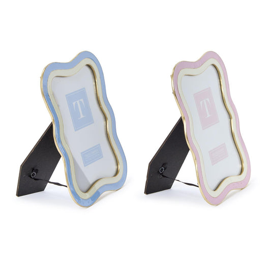 Two-Tone Waves 5"x7" photo frames in light blue and pink with gold trim, wavy edges, and black easel backs.