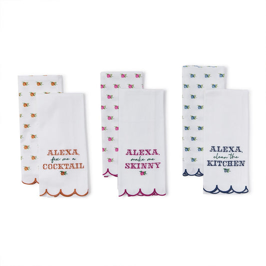 The Alexa Kitchen Dish Towel set includes four cotton towels with scalloped edges and playful embroidered phrases. Available in one size.
