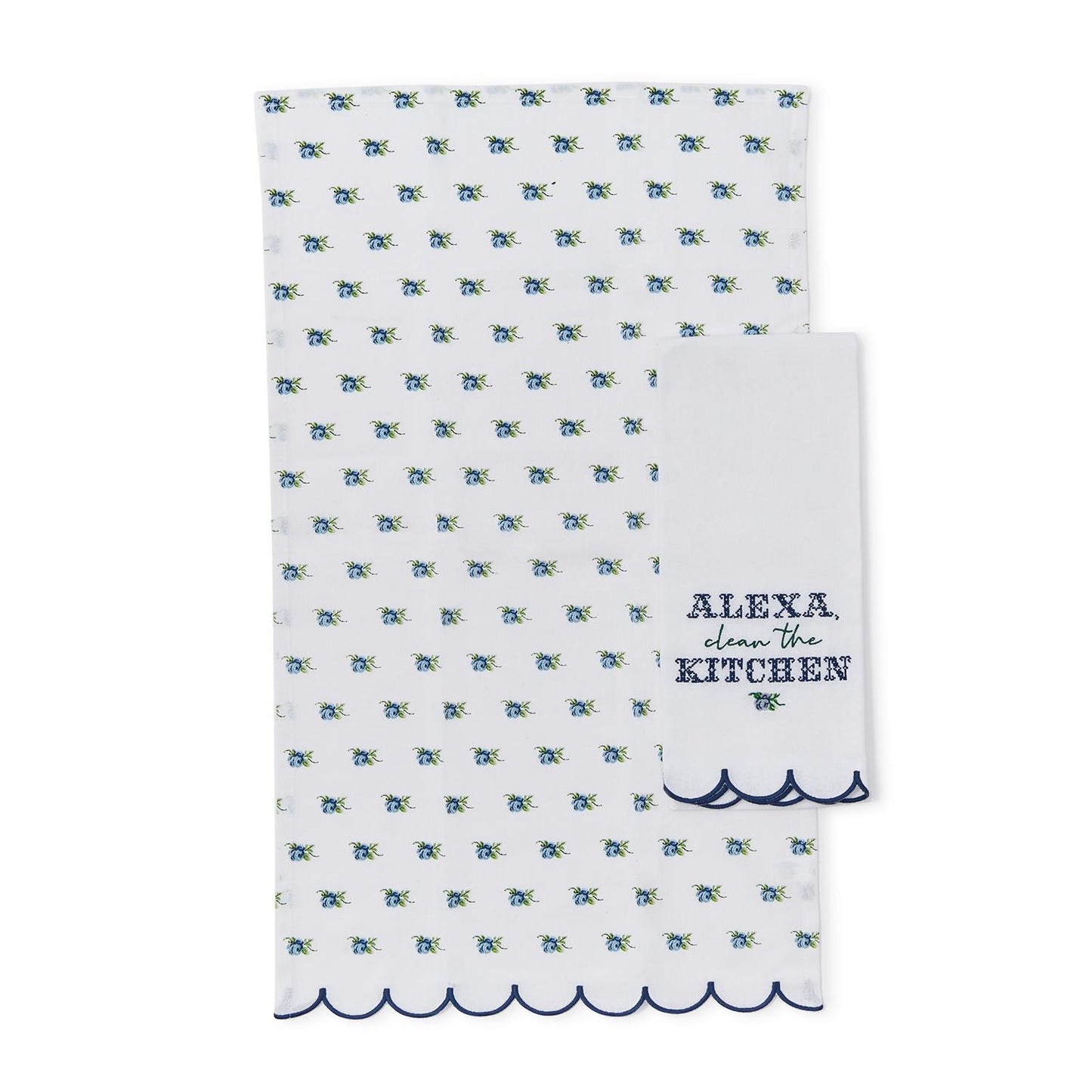 The Alexa Kitchen Dish Towel set includes a large towel with a blue and green floral pattern and scalloped edges, plus a smaller towel with "ALEXA, clean the KITCHEN" embroidered in coordinating colors. Available sizes: Large towel, Small towel.