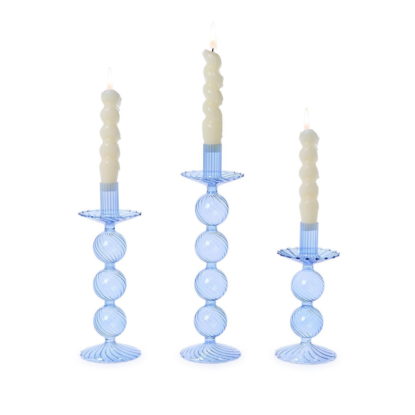 Three Blue Hand-Blown Glass Taper Candlesticks with three spherical segments. Sizes: Short, Medium, Tall.
