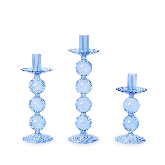 Three Blue Hand-Blown Glass Taper Candlesticks with stacked, textured spheres; tallest on the left, shortest on the right. Modern style for taper candles. Sizes: Varying heights.