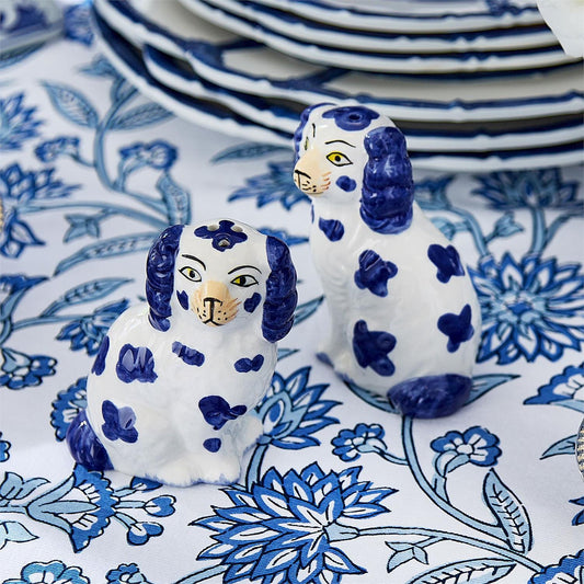Blue and white Staffordshire Dog Salt and Pepper Shaker Set. Available in standard and mini sizes.