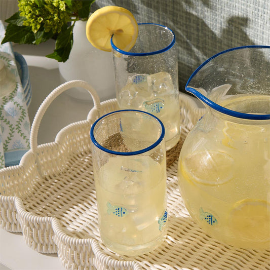 All-Weather Wicker Scalloped Edge Serving Tray with Handles; available in small and large sizes.