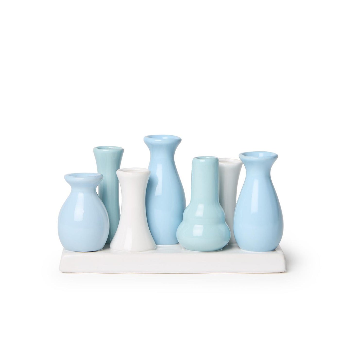 The Blue Hues Multi Vase features handcrafted porcelain vases in blue and white, set on a rectangular white base. Sizes: One size with seven sections.