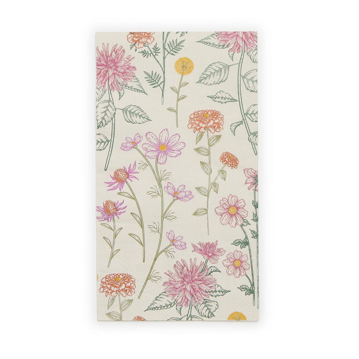 Beige Botanica Dinner Napkin/Guest Towel with pink, yellow, orange flowers and green leaves. Available in multiple sizes.