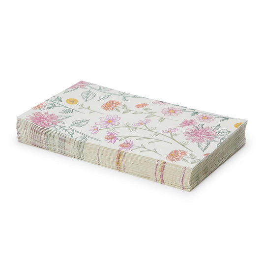 Colorful floral napkin/guest towel with pink, yellow, orange flowers and green leaves on white. Available in dinner and guest sizes.