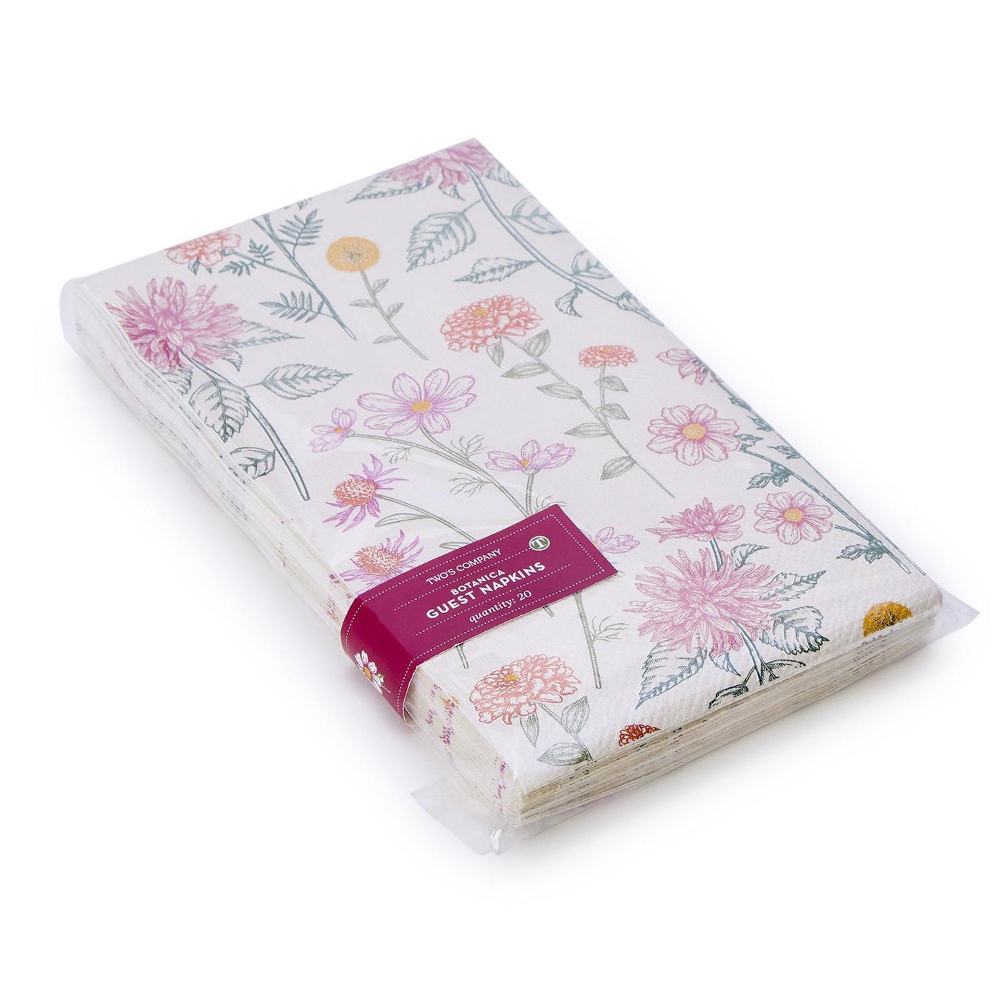 Botanica Dinner Napkin/Guest Towel with pink, yellow, green florals in clear plastic wrap, maroon label. Available in one size.