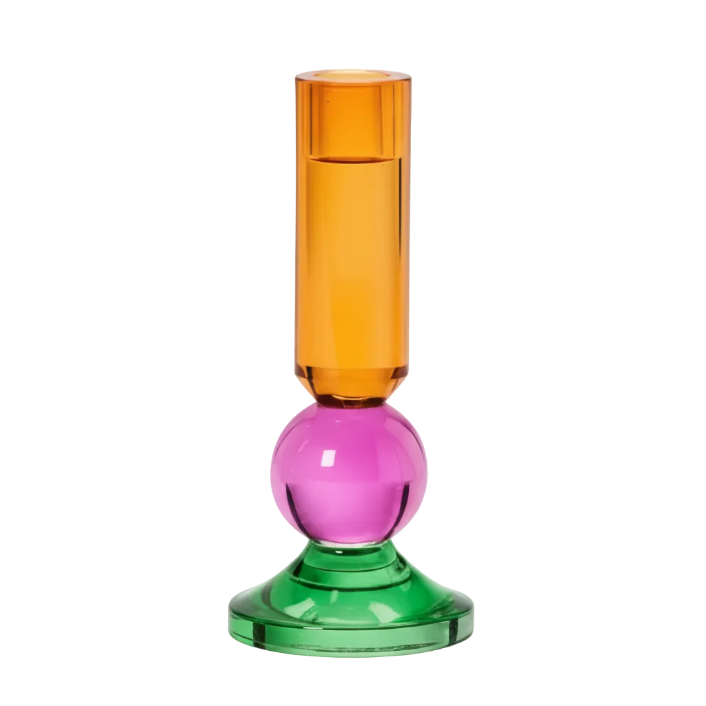 Glass taper candleholder with orange top, pink center, green base. Vibrant accent. Available in multiple sizes. Sold separately.