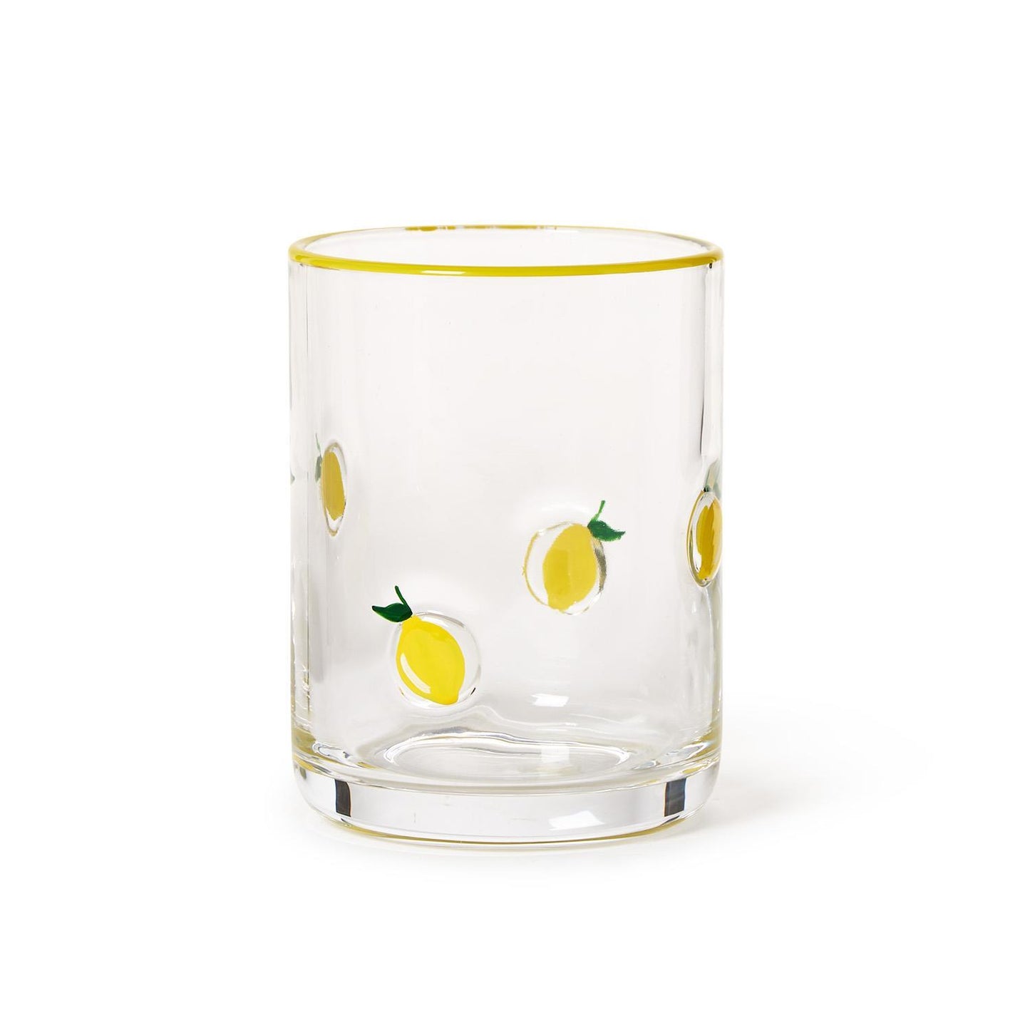 Hand-painted glass with small yellow lemon illustrations and a thin yellow rim. Available in double old fashion size.
