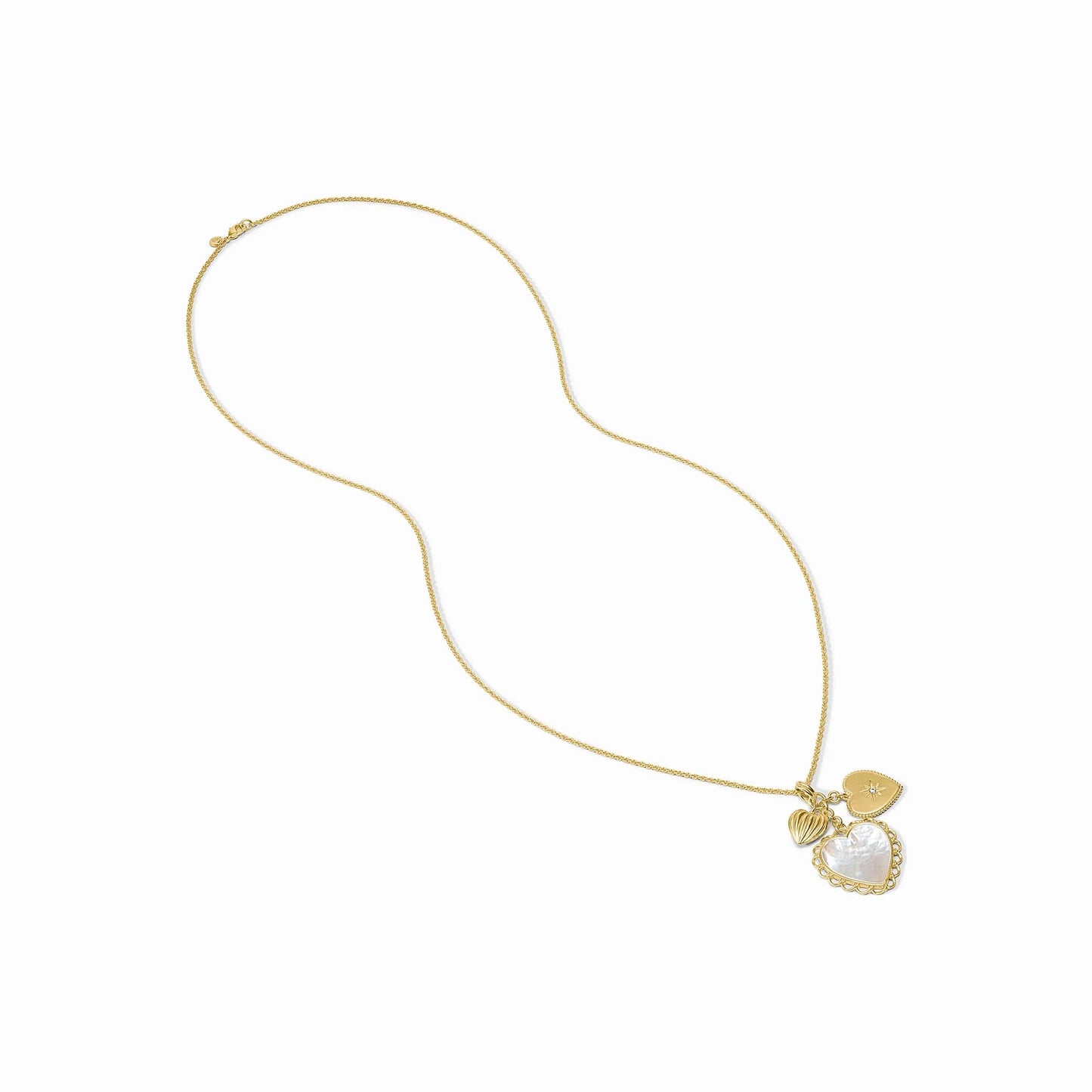 Gold chain necklace with textured gold heart, round disc, and heart-shaped mother of pearl charms. Available in 16", 18".