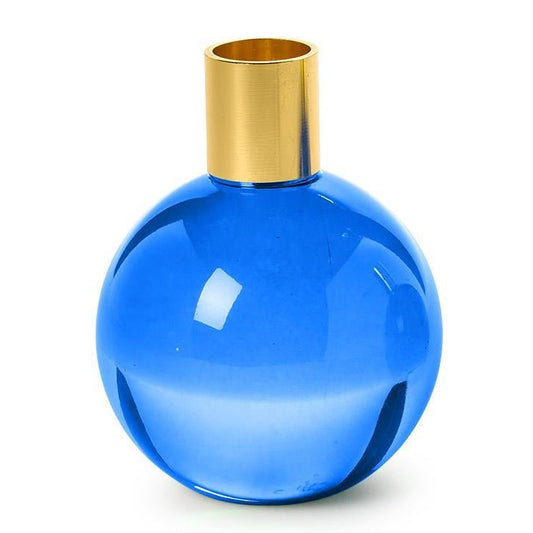 Blue glass and gold neck candlestick holder with glossy finish; also functions as a vase. Available in multiple sizes.