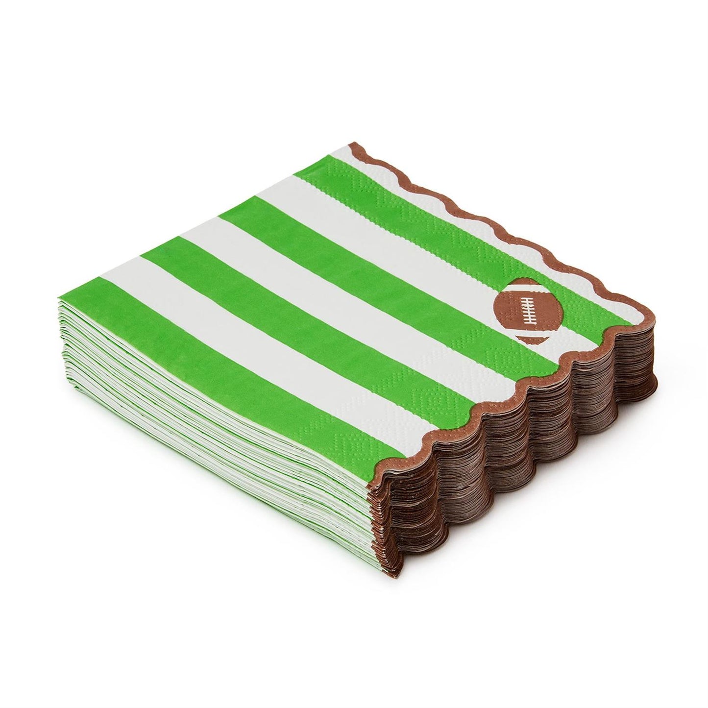 Game Day 3-Ply Scalloped Edge Paper Napkin with green and white stripes, brown scalloped edges, and a small football design in the corner; available in standard napkin size.