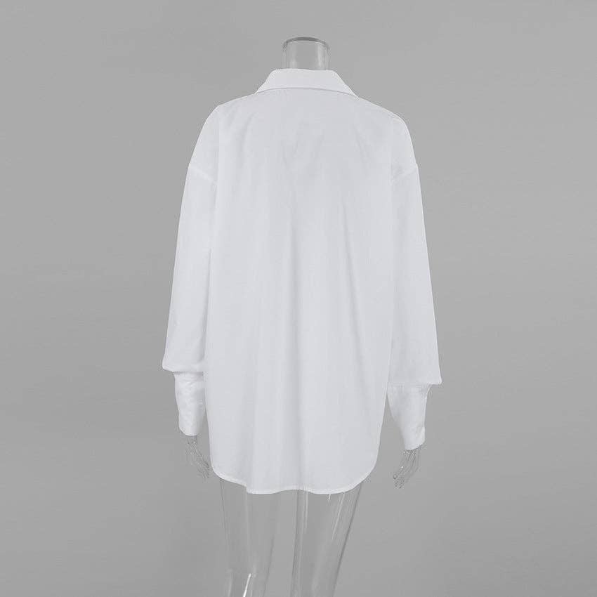 White Lapel Collar Button Down Fit Daily Shirt, oversized white cotton with long sleeves. Available sizes: S, M, L, XL.