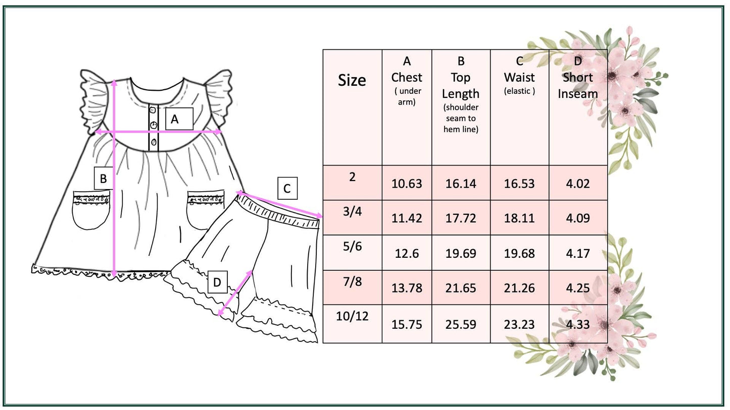 Girls Jade Floral Short Set with labeled lines A-D. Size chart shows chest, top length, waist, inseam; sizes available: 2-10.