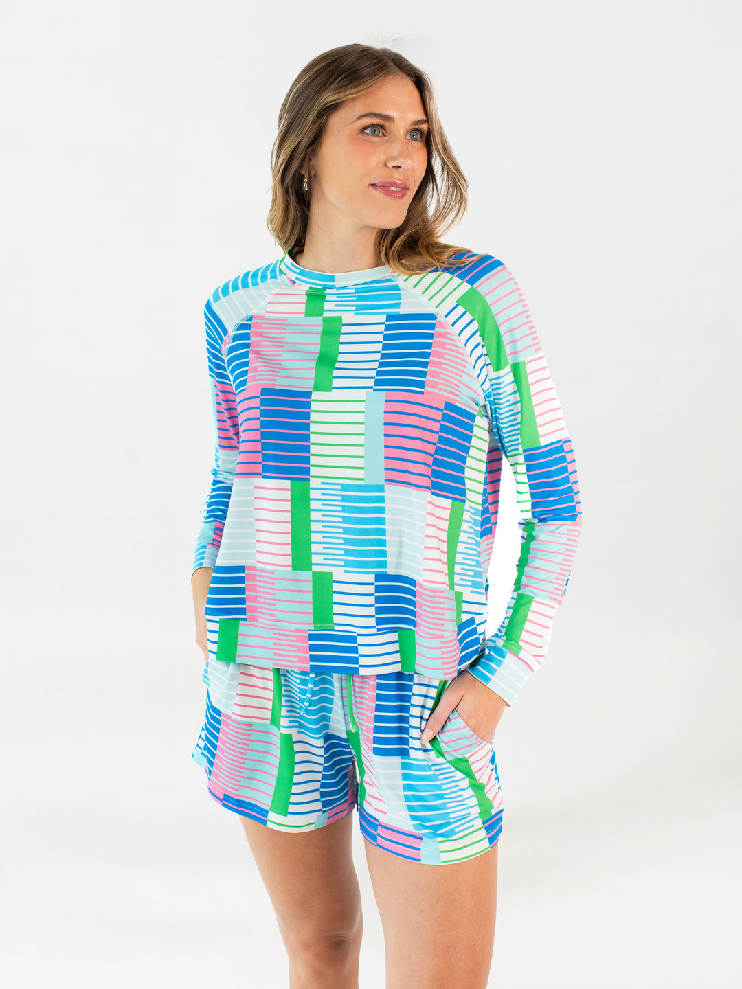 Annie Shorts Set: relaxed-fit long-sleeve top and matching shorts, colorful geometric print, ButterSoft fabric. Sizes XS–XL.