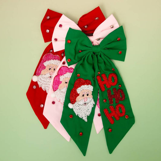 CHRISTMAS SANTA'S "HO HO HO" BOW BARRETTE HAIR CLIP: Pink