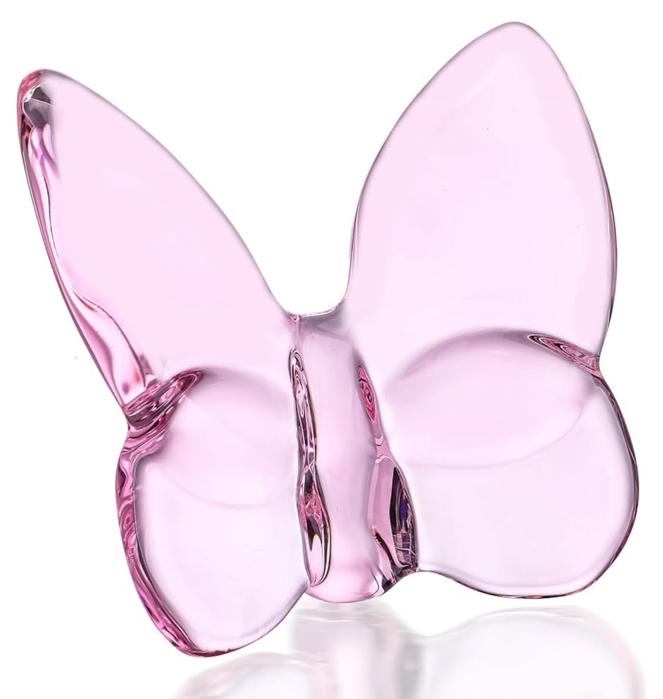 Crystal Butterfly Figurine with smooth, translucent pink wings, glossy finish; available in small and medium sizes.