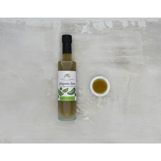 Jalapeño Lime White Balsamic Vinegar bottle; available in 250ml and 500ml sizes.