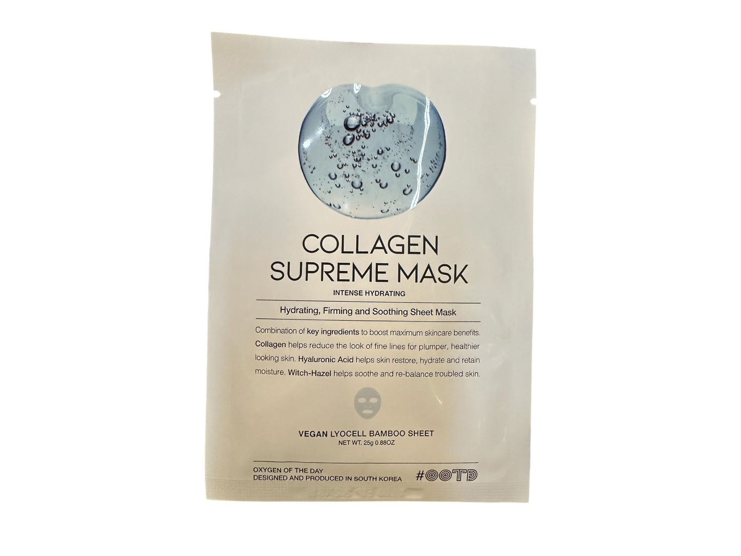 Beige "Face Mask" packet with water bubble design; hydrating, firming vegan Korean sheet mask. Sizes: single-use.