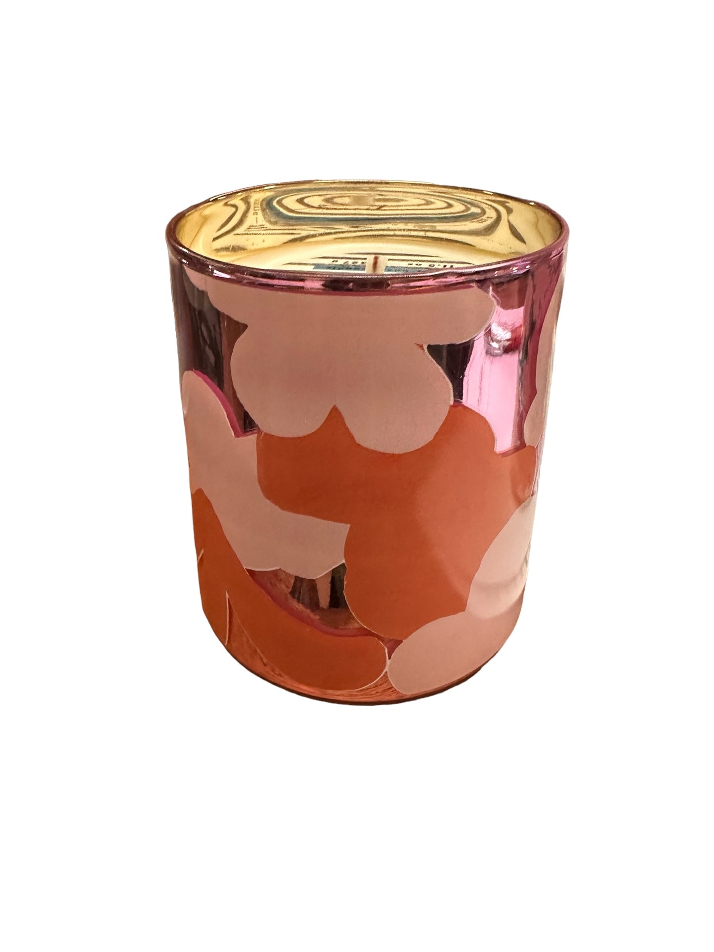 Cylindrical glass with shiny gold interior, pink-orange-cream floral pattern. Available in multiple sizes.