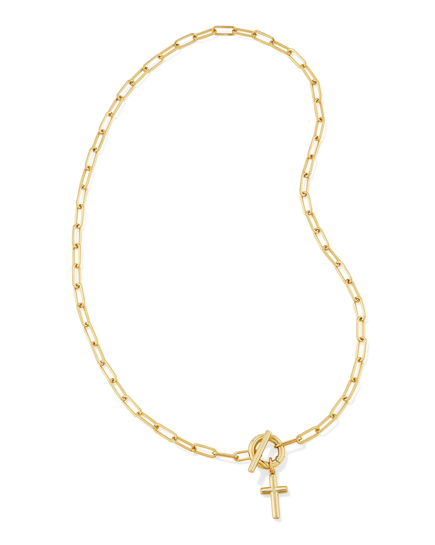 The Cross Link and Chain Necklace by Kendra Scott: elongated chain links, small gold cross, front toggle clasp. Available in 16", 18".