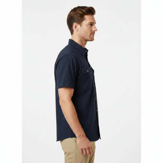 Men’s Navy Quick Dry Shirt: short-sleeve, button-front. Available in sizes S-XXL.