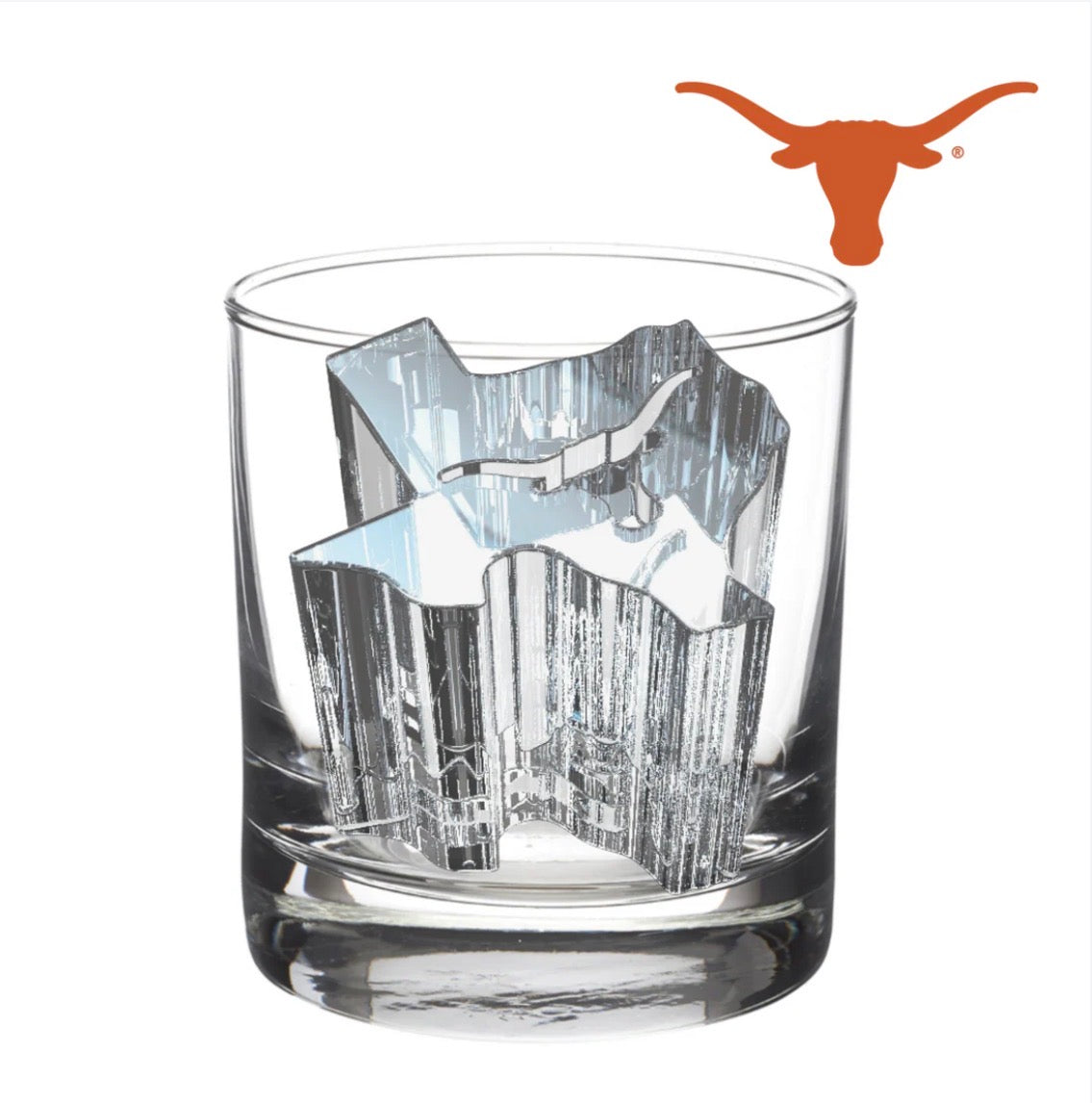 Glass of water with a Texas-shaped ice cube made using Large University Ice Molds, available in large size.