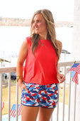 Americana Camo Everyday Shorts, available in sizes XS-XL, featuring a camo print with an Americana theme.