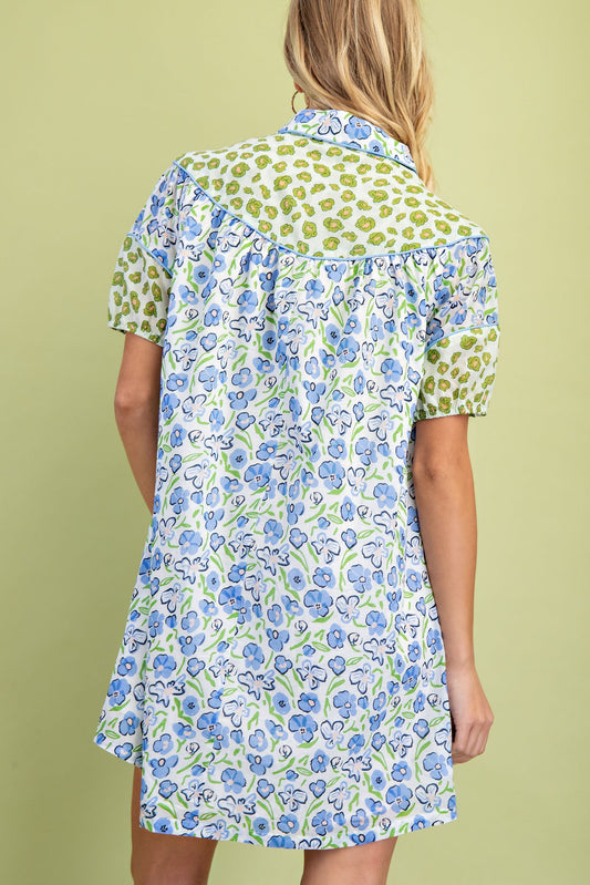 Miss Peony Floral Dress: short-sleeve shirt dress with blue floral and green leopard prints. Available in sizes XS–XL.