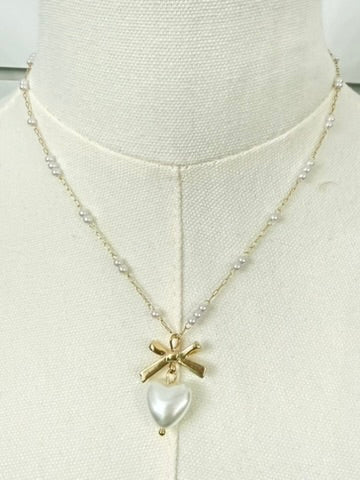 Pearl Beaded Chain with Bow and Pearl Heart Pendant Necklace