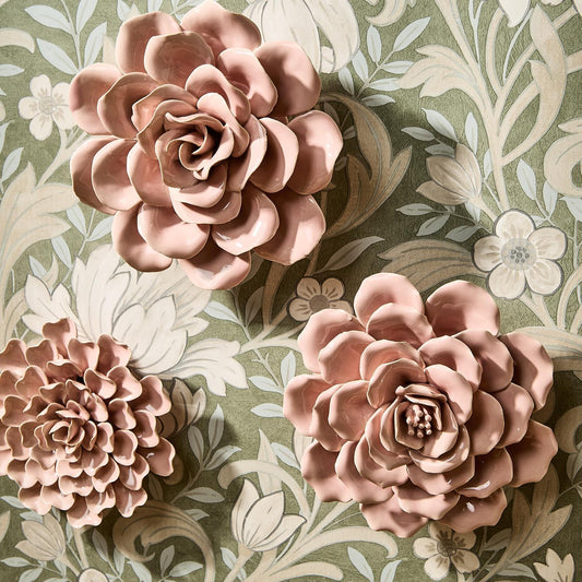 Three Pretty Petals Wall Decor: glossy pink ceramic flower sculptures with layered petals. Available in small, medium, and large.