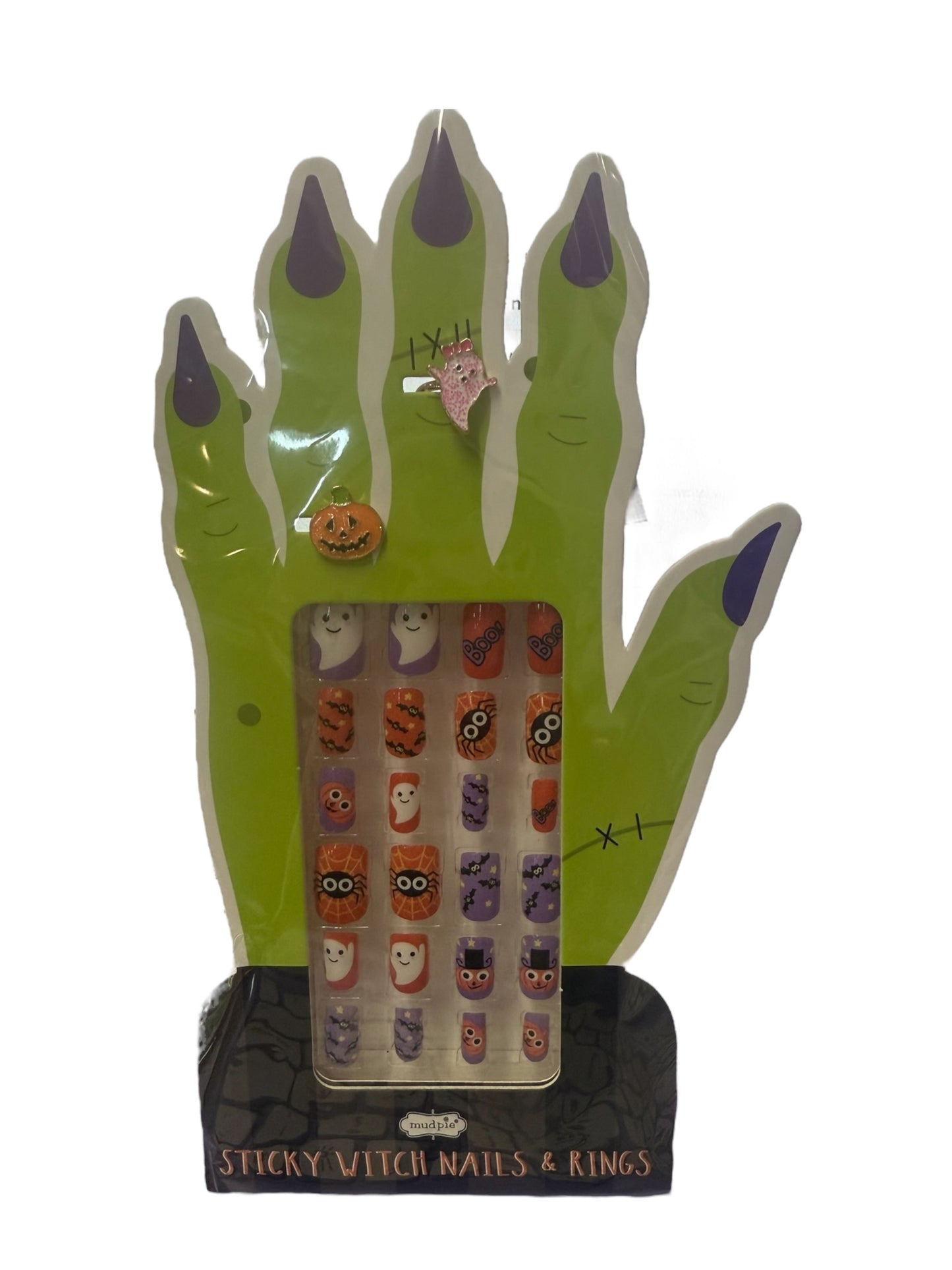 Halloween Nail Set press-ons and rings with pumpkin, skull, ghost, and owl designs. Sizes: S/M/L. "Sticky Witch Nails & Rings".