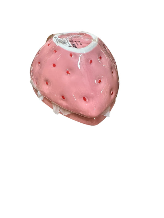 Pink, strawberry-shaped bowl with small holes, wrapped in clear plastic. Available in multiple sizes.