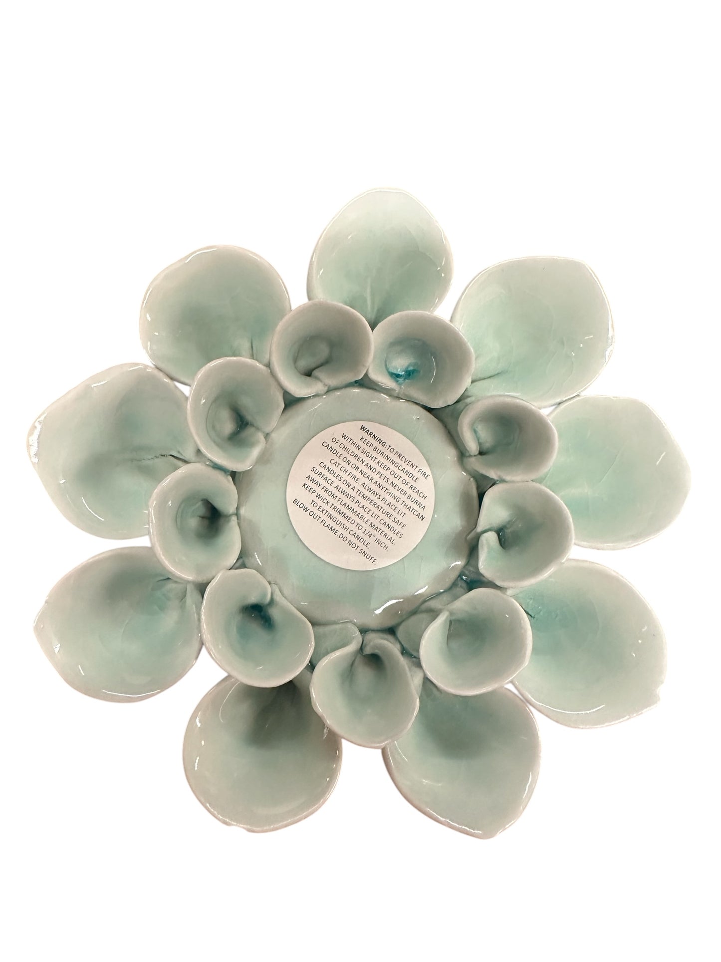 Ceramic Blue Flower Decorative Votive Holder with blue-green layered petals, round labeled center. Sizes: small, medium, large.