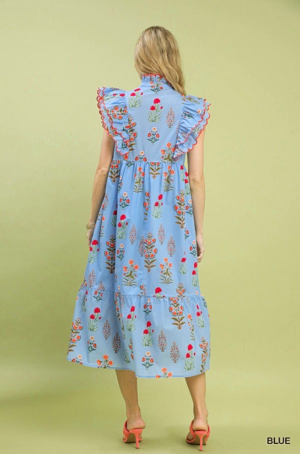 Block Floral Print Midi Dress with ruffled sleeves and colorful patterns, available in sizes XS to XL.
