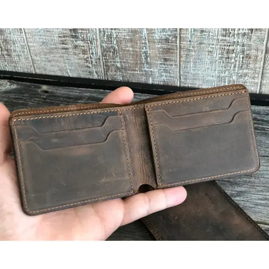 Genuine Leather Bifold Wallet for Men in rustic brown with empty card slots. Available sizes: standard, large.