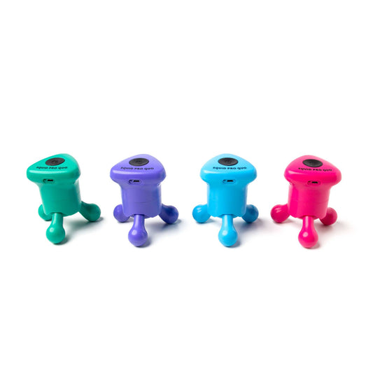 Modern Monkey Squid Pro Quo Massager in green, purple, blue, or pink with three rounded legs; available in small and large sizes.