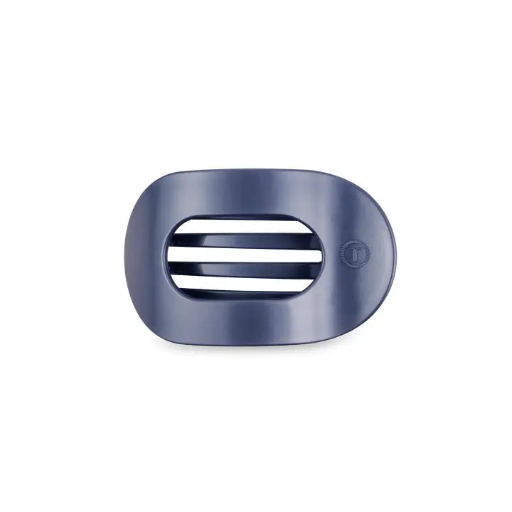 Dark blue oval soap dish with three center slats and a small circular logo on the right. Sizes: small, medium, large.